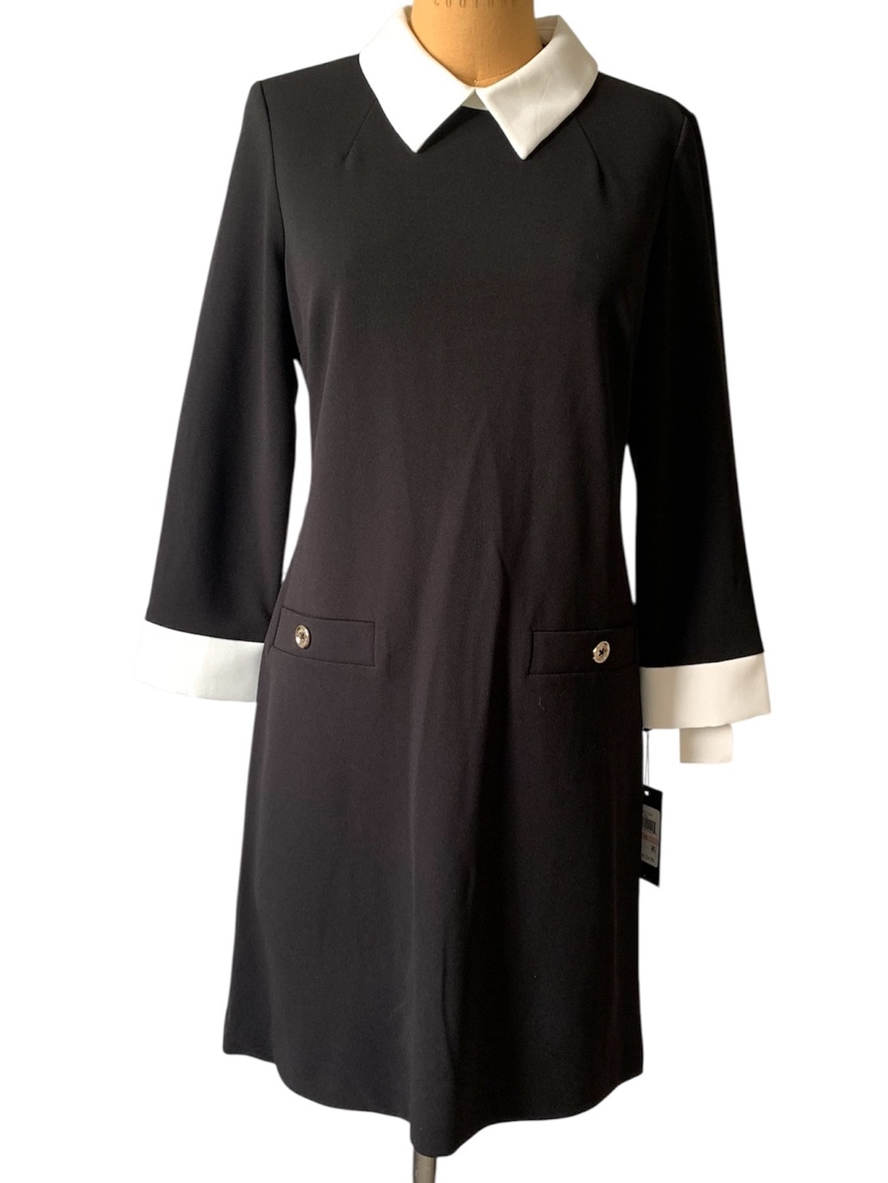 Tommy Hilfiger Black Long-Sleeve Shift Dress with White Collar & Cuffs
